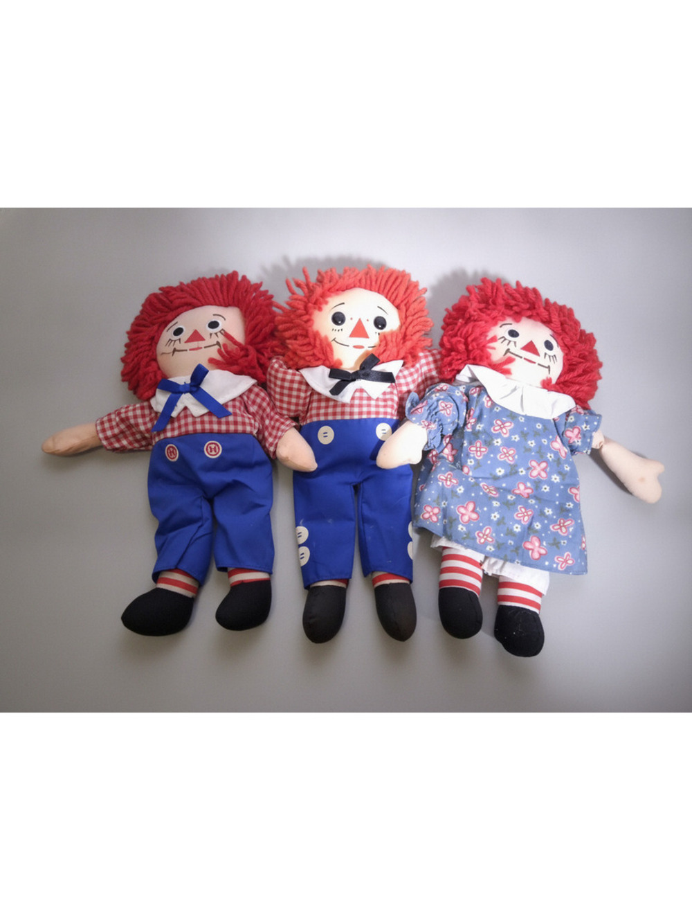 Vintage Raggedy Ann & Andy Plush Dolls Lot of 3 Cloth Fabric Toys Gingham